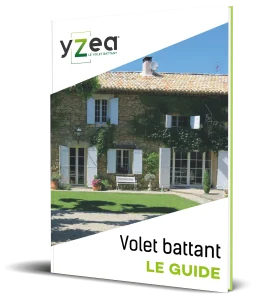 Couverture du guide Yzéa sur le volet battant, avec photo d’une maison en pierre équipée de volets battants blancs.